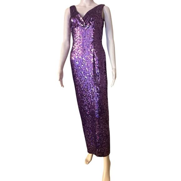 Vtg Y2K Papell Boutique Evening Purple Sequin Column Babydoll Waist Gown Sz 4 - Picture 5 of 16